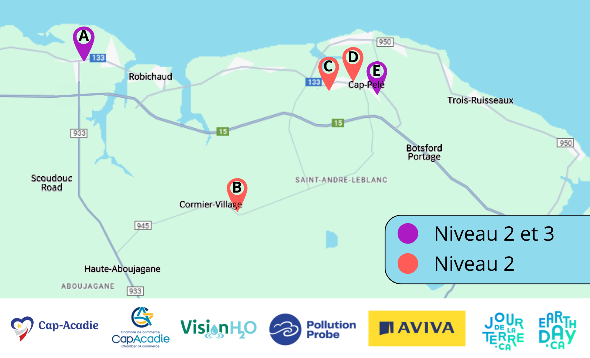 Carte des bornes de recharge à Cap-Acadie