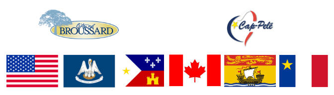 Logo and flags of Broussard, LA, USA and Logo flag of Cap-Pelé, NB, Canada